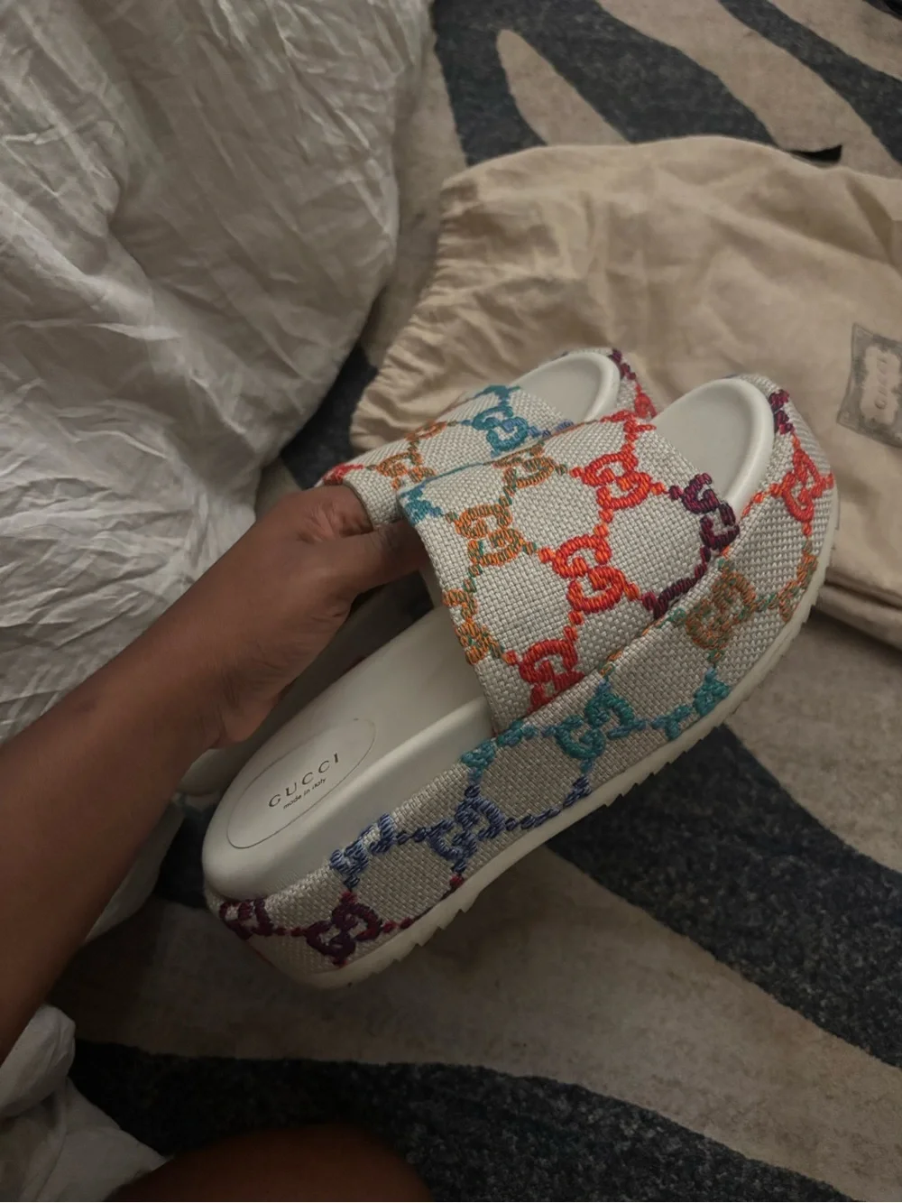 Gucci Multicolor GG Logo Canvas Slide Sandals - White Base
